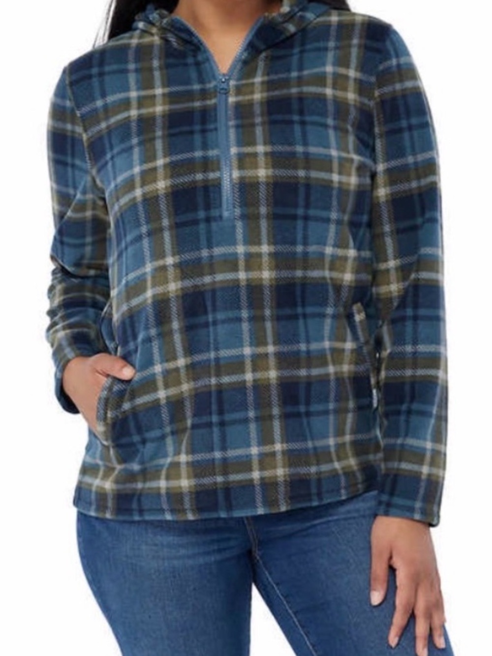 O'Neill Women's Half-Zip Ploar Fleece Hoodie Blue & Green Plaid Size XXL